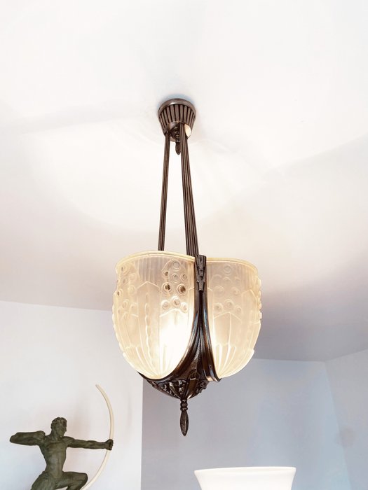 Georges Leleu Georges Leleu - original Art Deco Lampe 1925 - lustre - chandelier - Lampadario - Bronzo, Vetro, placcato nickel