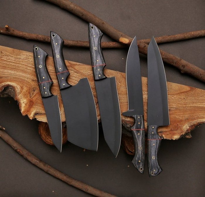 Coltello da cucina - Set di coltelli da chef in acciaio inossidabile  rivestito in carbonio da collezione Fine Impact con - Scaglie di legno  Pakka, ottone, acciaio - Nord America - Catawiki