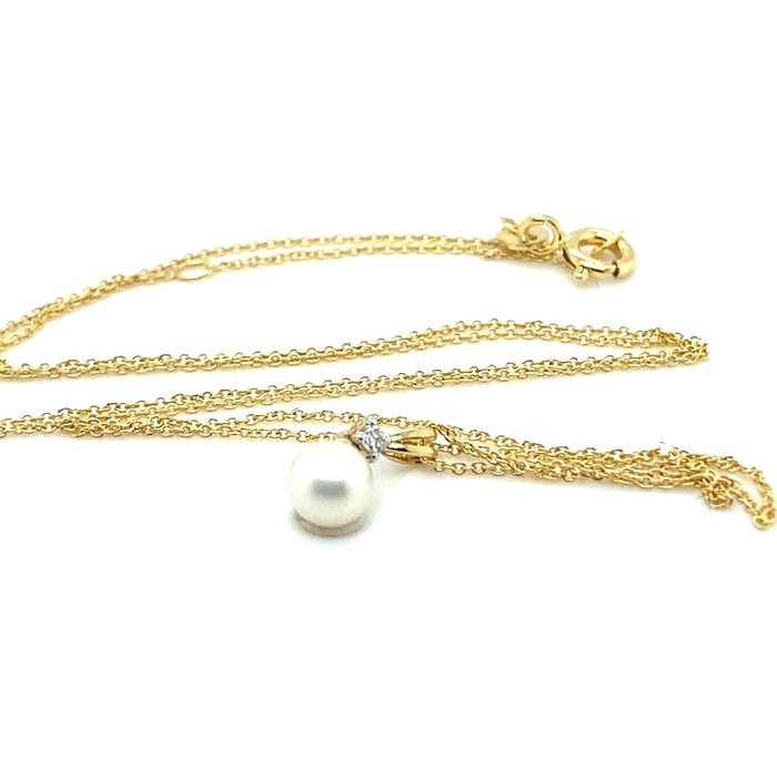 Image 2 of No Reserve Price - 14 kt. Yellow gold - Necklace with pendant - 0.79 ct Freshwater Pearl - Diamonds