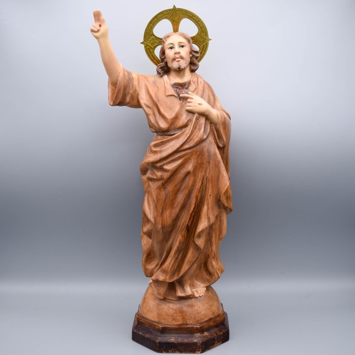 Beeld, Heilig Hart van Jezus - Handgeschilderde houtpulp - Midden 20e eeuw