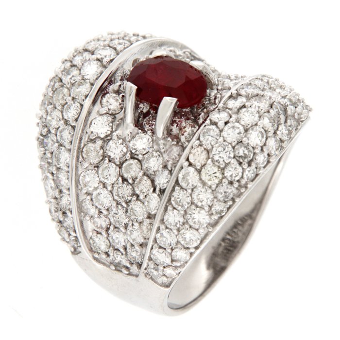 18 kt. White gold - Ring - 2.55 ct - 1.10 Ct Ruby Pigeon Blood Mozambique - AIGS N. GF20070108 - GEM TECH 310562