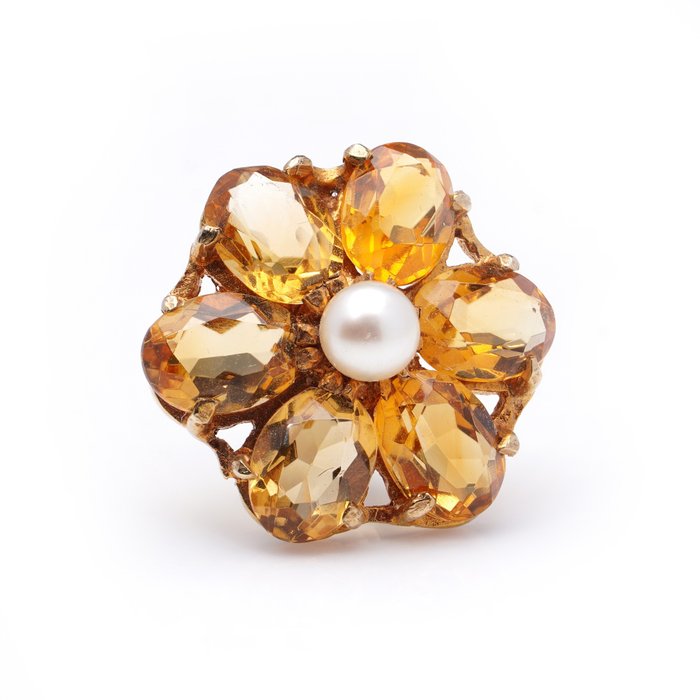 Image 3 of Vintage studs - 9 kt. Yellow gold - Earrings Citrine - Pearls