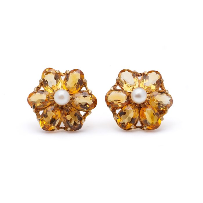 Preview of the first image of Vintage studs - 9 kt. Yellow gold - Earrings Citrine - Pearls.
