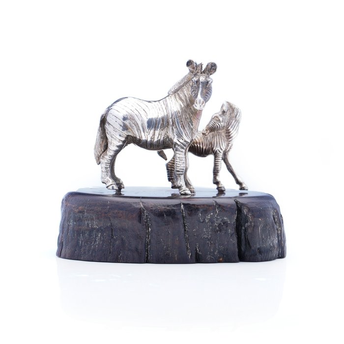 Patrick Mavros -  Zebra and Foal figurine - .925 silver - Zimbabwe - Late 20th century