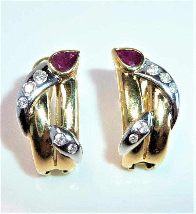 Image 2 of 18 kt. White gold, Yellow gold - Earrings - 0.50 ct Ruby - 0.25ct. diamonds/brilliant cut