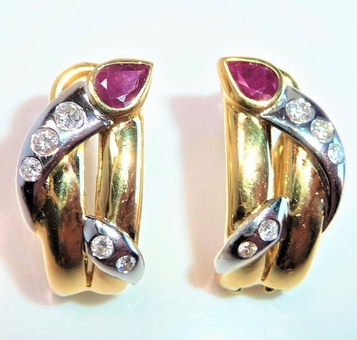 Image 3 of 18 kt. White gold, Yellow gold - Earrings - 0.50 ct Ruby - 0.25ct. diamonds/brilliant cut