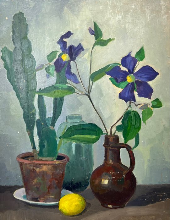 Preview of the first image of Johannes Theodorus Josephus Smit (1902-?), Attributed to - Stilleven Cactus & Clematis bloemen.