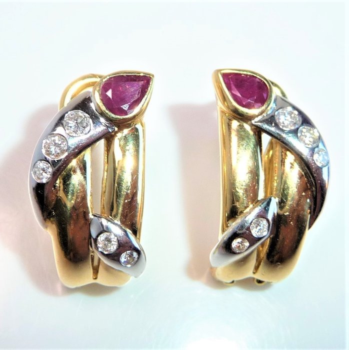 Preview of the first image of 18 kt. White gold, Yellow gold - Earrings - 0.50 ct Ruby - 0.25ct. diamonds/brilliant cut.