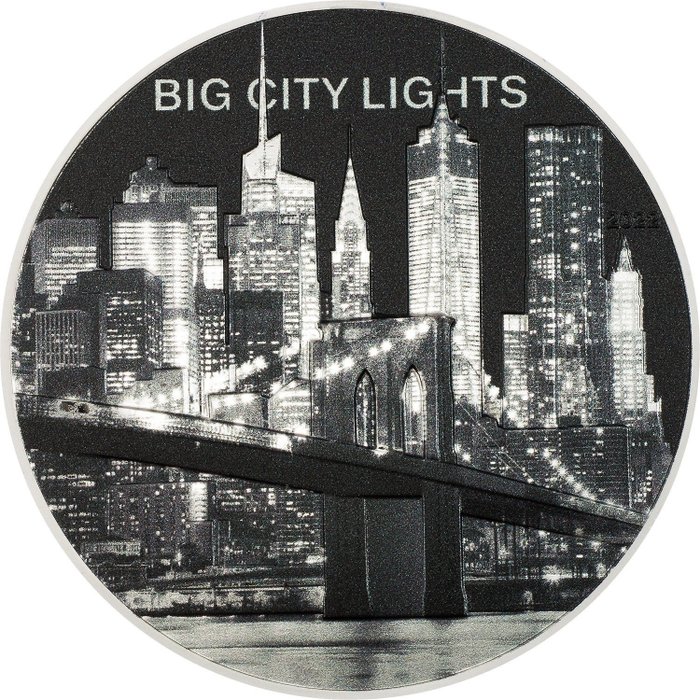 Wyspy Cooka. 5 Dollars 2022 Big City Lights - New York, 1 Oz (.999)