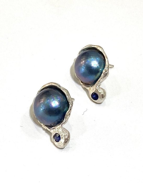 Image 3 of Ale jewels - 925 Natural pearl, Silver - Earrings South Sea Pearl - Sapphires