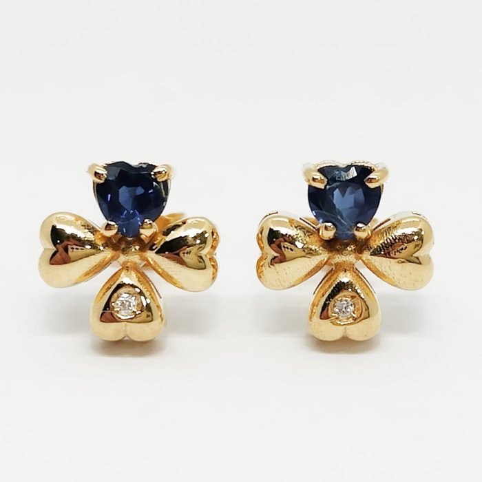 Image 3 of Senza Prezzo di Riserva - 18 kt. Gold, Yellow gold - Earring, Earrings - 0.90 ct Sapphire - Diamond