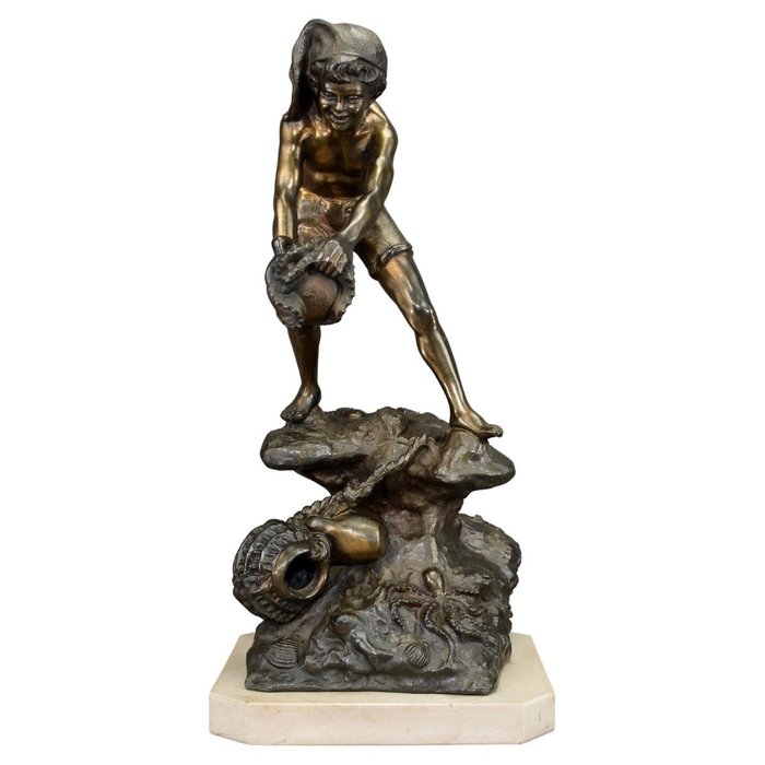 Preview of the first image of Sculpture, Large figurine of a fisherman standing on a rock - 47cm (1) - Marble, Spelter - Mid 20th.