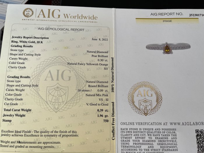 Image 2 of certificat AIG - 18 kt. White gold - Ring - 0.30 ct Diamond - Diamonds
