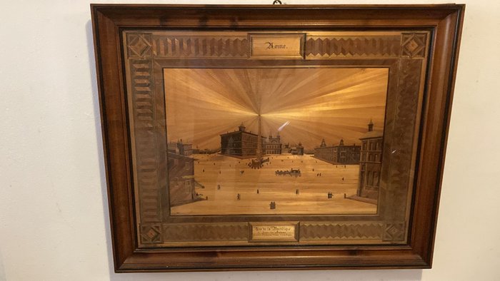 Image 2 of Two inlaid works with straw threads depicting views of the Vatican (2) - Wood, Hay - Late 19th cent