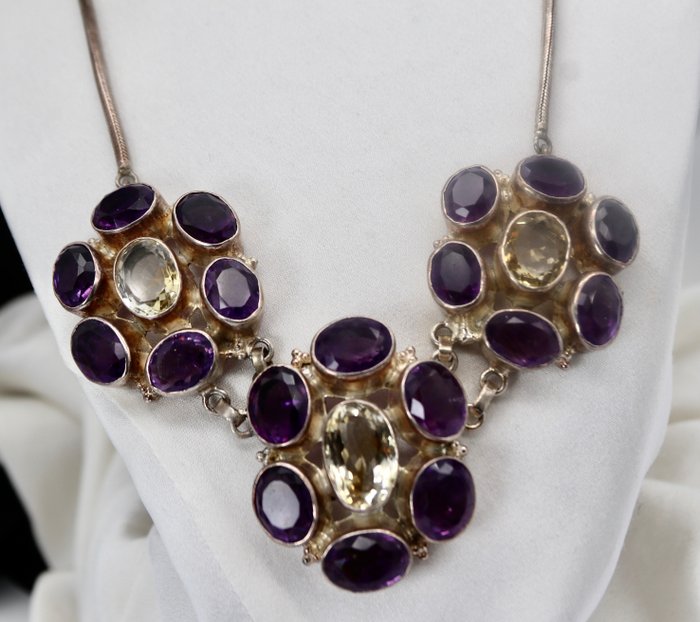 Preview of the first image of Vintage flower Necklace (106.3gr) - 925 Silver - Necklace - 72.00 ct Citrine - Amethysts.