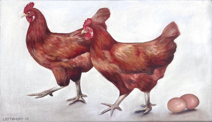 Preview of the first image of Jos Verheugen (1961) - Two chickens, two eggs.