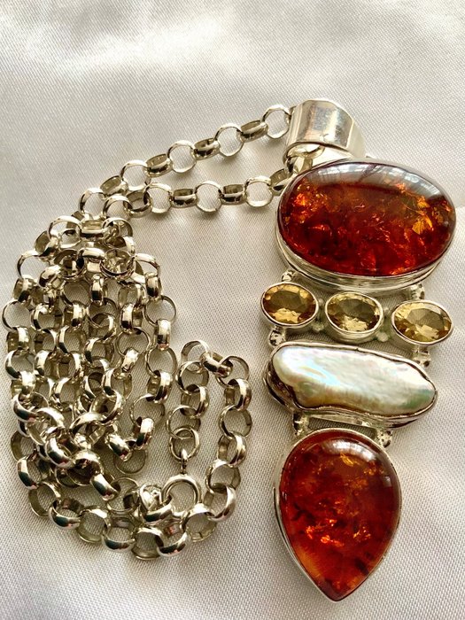 Image 3 of 925 Amber, Freshwater pearl, Silver - Necklace with pendant - Citrines, Pearl free form , amber ,