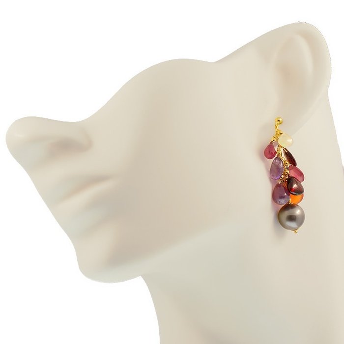 Image 3 of 18 kt. Yellow gold - Earrings - Taithian Pearls 10.16 mm Ø - 10.28 mm Ø - Mixed Stones