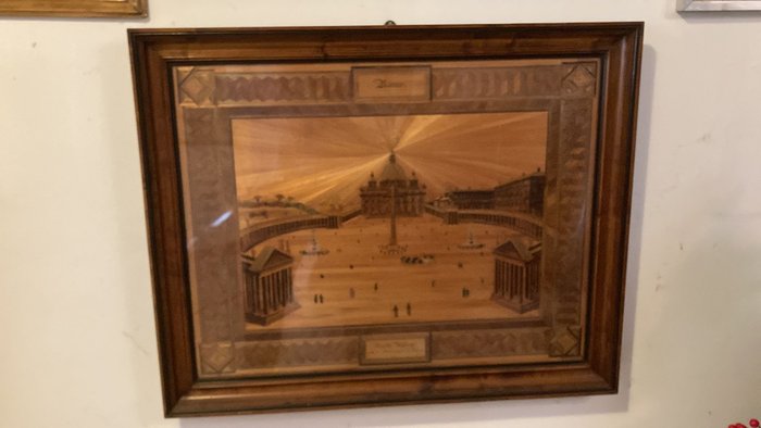 Preview of the first image of Two inlaid works with straw threads depicting views of the Vatican (2) - Wood, Hay - Late 19th cent.