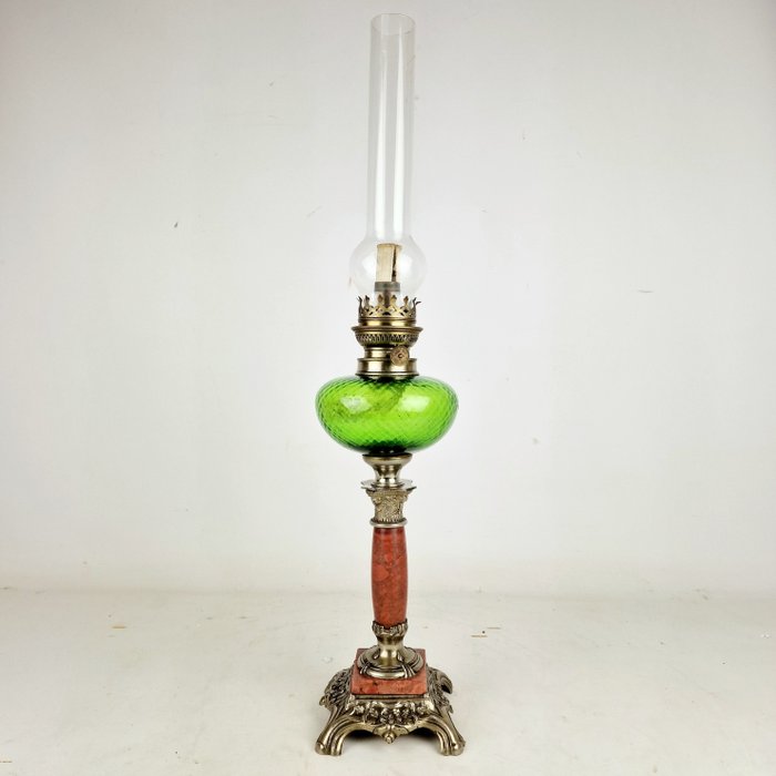 Preview of the first image of Oil lamp finished with green glass and marble base - Copper, Glass, Iron (cast), Marble - Late 19th.