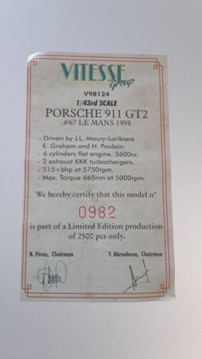 Image 3 of Vitesse - 1:43 - Porsche 911 GT2 le mans 1998 décoré par Wolinski . Production de 2500 pièces numér