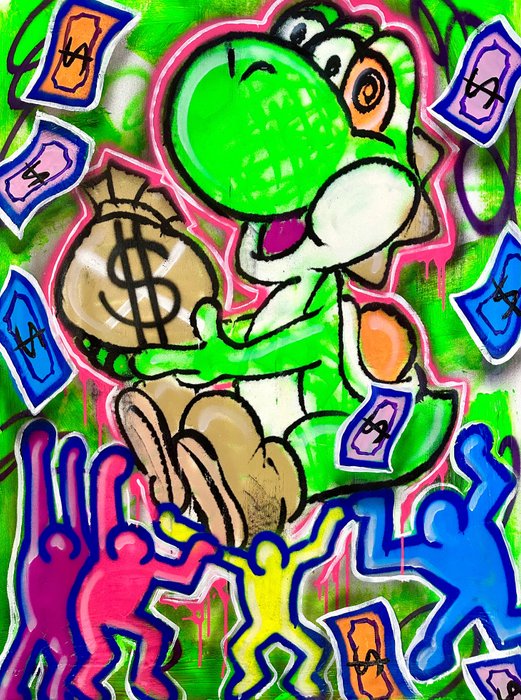 Preview of the first image of Doped Out M (1988) - Yoshi dollars Vs Keith Haring x Nintendo Mario bros.
