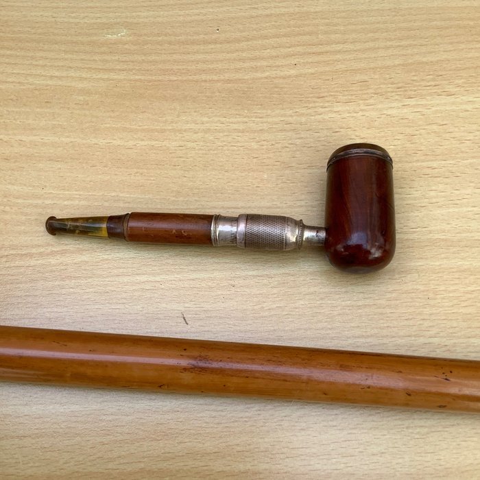 Preview of the first image of Walking stick with built-in pipe and cigar holder - Wood - Approx. 1900.