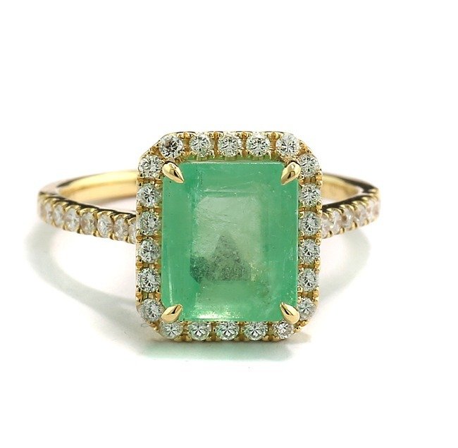 Preview of the first image of 1 Smaragd 3,42 carat + Diamanten No Reserve Price - 18 kt. Yellow gold - Ring - 3.42 ct Emerald - D.