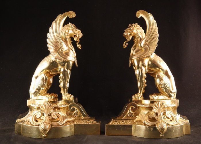 Preview of the first image of Pair of large antique fire goats - Bronze - 19th century.