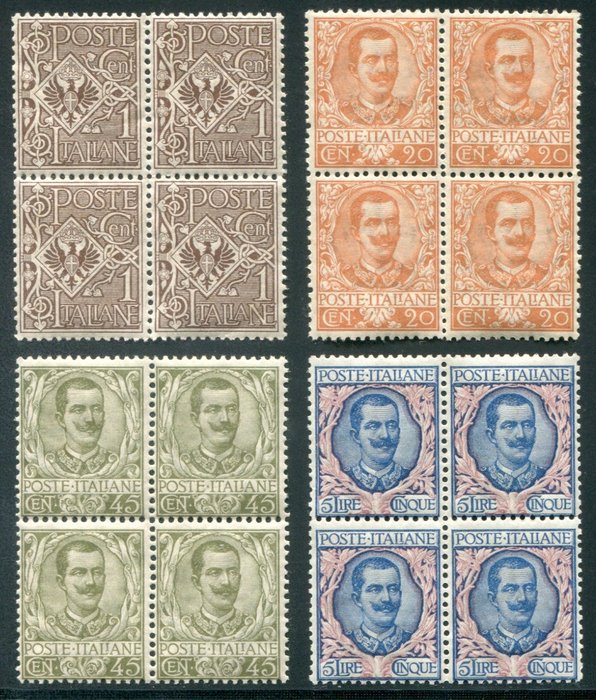 Royaume d’Italie 1901 - Royaume floral quatre valeurs en quatrain - sassone 68-72-75-78