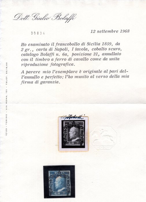 Image 3 of Italian Ancient States - Sicily 1859 - 2 gr. dark cobalt, 1st plate, Naples paper, used – historica