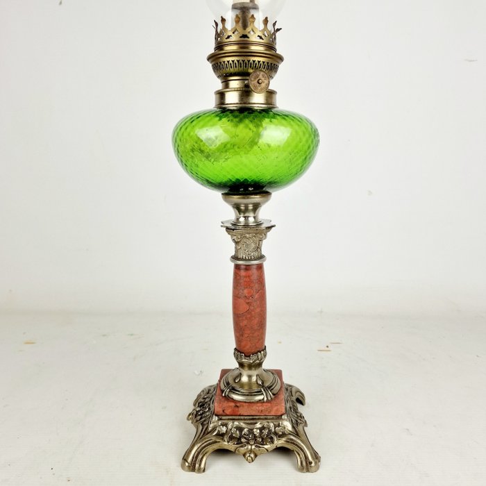Image 2 of Oil lamp finished with green glass and marble base - Copper, Glass, Iron (cast), Marble - Late 19th