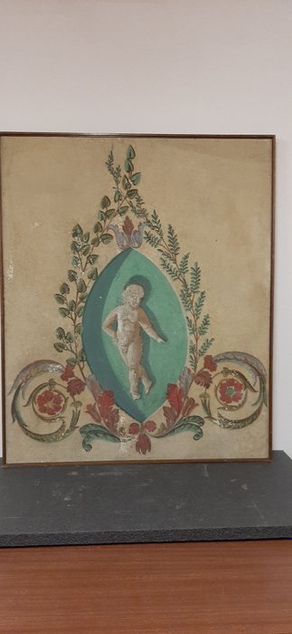 Preview of the first image of Decorative fresco - Tempera on canvas on hardboard - Mid 19th century.