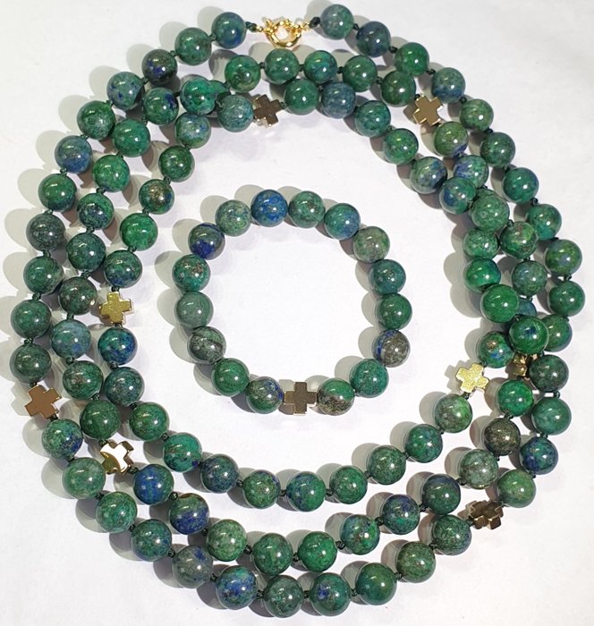 Image 3 of Beautiful azurite-malachite and Greek crosses - necklace & bracelet (2) - hematite - 925 silver gol