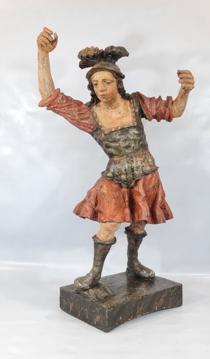 Preview of the first image of Sculpture - Wood, Large Carved and polychrome statue - St Michael the Archangel - 63 cm - 18th cent.