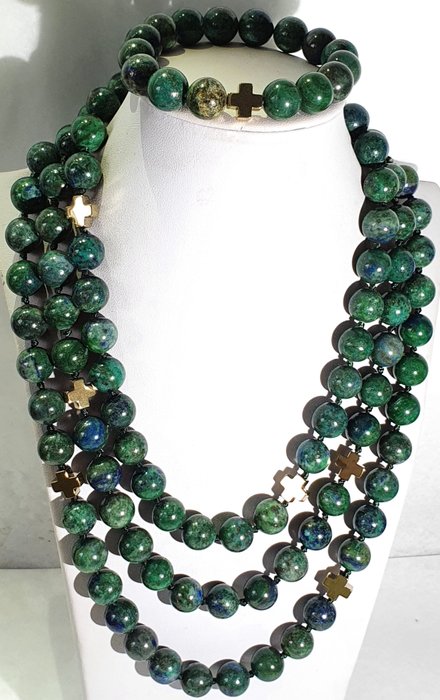 Image 2 of Beautiful azurite-malachite and Greek crosses - necklace & bracelet (2) - hematite - 925 silver gol