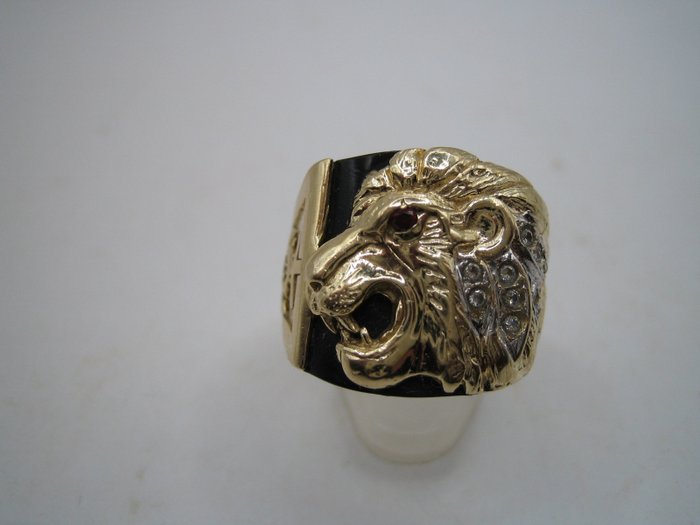 Preview of the first image of Herren Ring Löwe Löwenkopf Diamanten Rubin Onyx Anker Kreuz Steuerrad - 14 kt. Yellow gold - Ring.