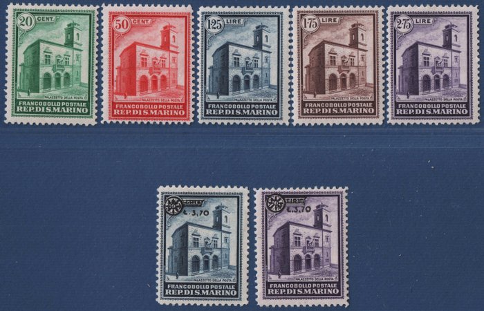 Preview of the first image of San Marino 1932/1934 - Office building and overprinted, 2 complete sets, total of 7 values - Sasson.