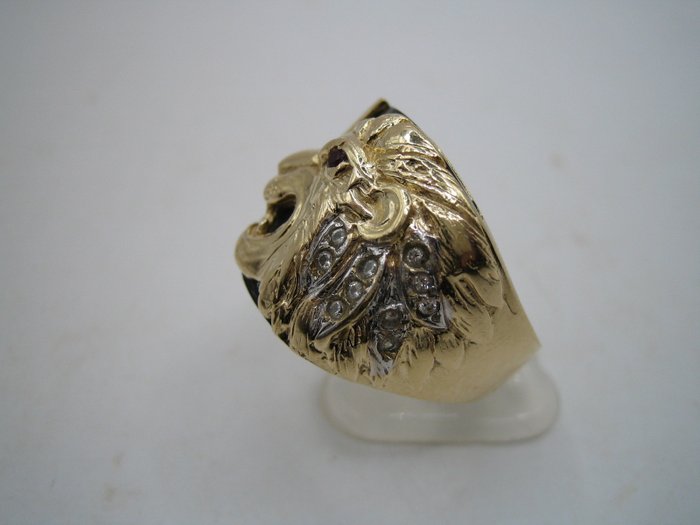 Image 2 of Herren Ring Löwe Löwenkopf Diamanten Rubin Onyx Anker Kreuz Steuerrad - 14 kt. Yellow gold - Ring
