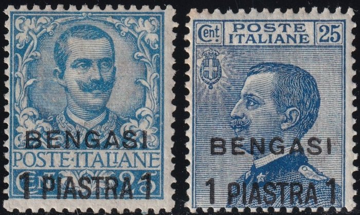 Preview of the first image of Levant - Benghazi 1901/11 - Complete set of the 2 overprinted values 1 pi. on 25 c. azure, mint wit.