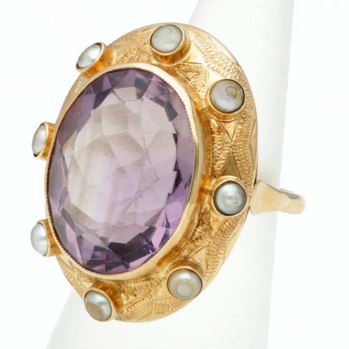 Preview of the first image of 14 kt. Gold - Ring - 14.83 ct Amethyst - Pearl.