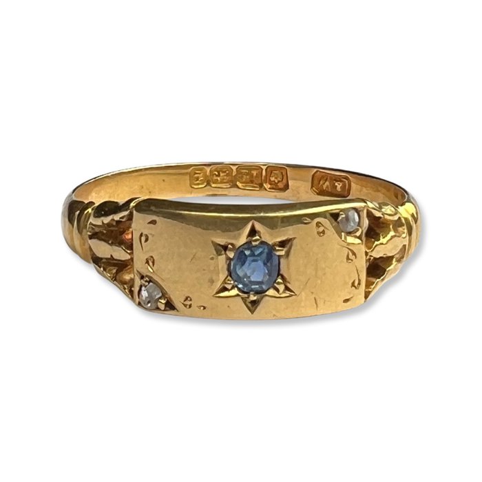 Preview of the first image of 18 kt. Gold - Ring Sapphire - Diamonds.