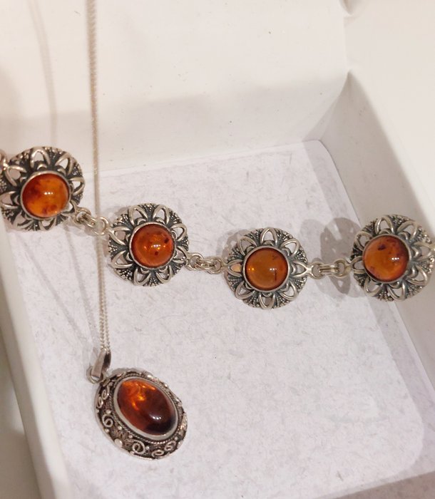 Image 3 of 925 Silver - Bracelet, Necklace with pendant, Set - Handmade - Amber
