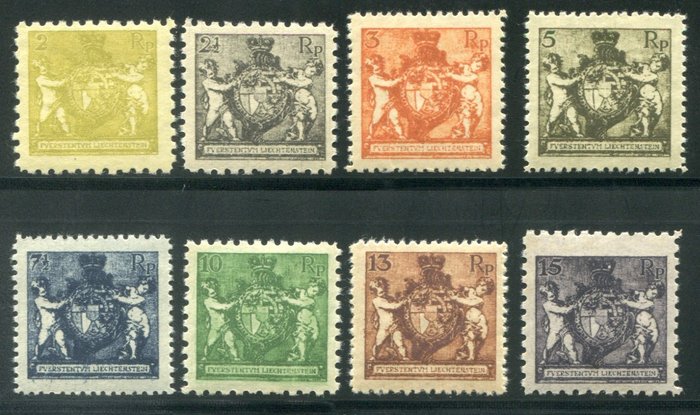 Preview of the first image of Liechtenstein 1921 - Coat of arms, set of 8 values with mixed perforation.