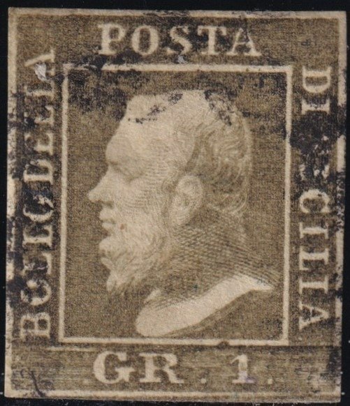 Preview of the first image of Italian Ancient States - Sicily 1859 - 1 gr. light olive green 3rd plate, airmail, with good margin.