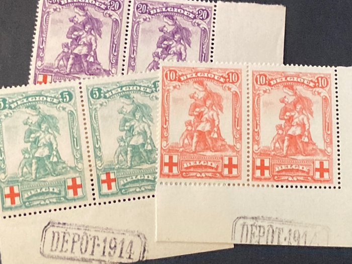 Preview of the first image of Belgium 1914 - Statue de Mérode in a pair with corner strips - OBP/COB 126/28.