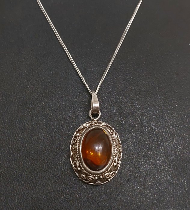 Image 2 of 925 Silver - Bracelet, Necklace with pendant, Set - Handmade - Amber