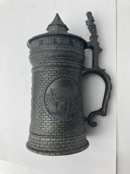 Preview of the first image of Beer mug in the shape of a medieval tower - Pewter - Dated 1902.
