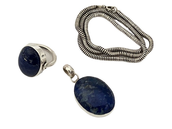 Image 2 of 925 Silver - Necklace with pendant, Ring Lapis lazuli