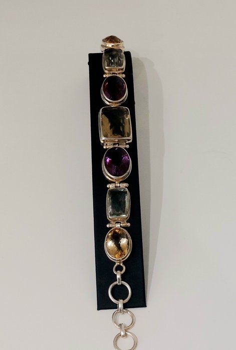 Preview of the first image of Silver - Bracelet - No reserve - Handmade - Citrine, amethyst, aquamarine, smoky quartz.